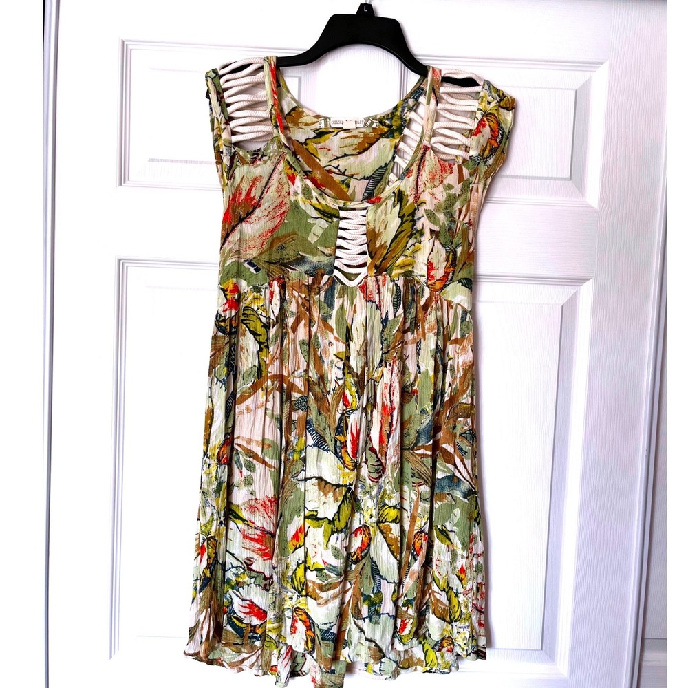 Chelsea & Violet Women Green Tropical Floral Macrame Back Mini Dress Large